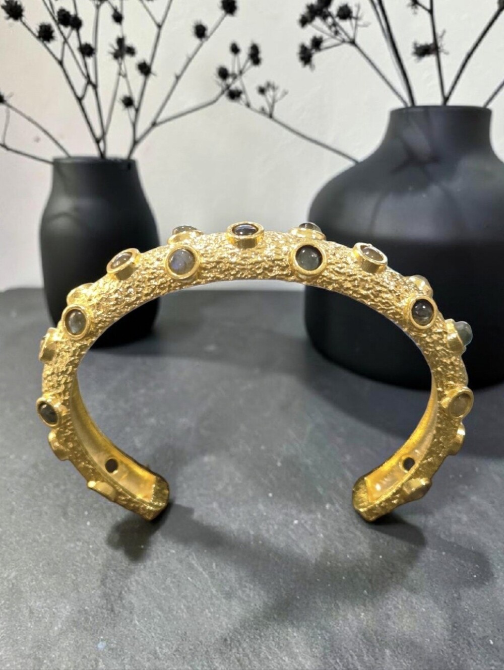 18k Gold Plated Artisan Textured Genuine Labradorite Stone Crystal Cuff Bracelet